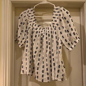 LOFT Clip Smocked Square Neck Top Embroidered Peasant Blouse White/Black